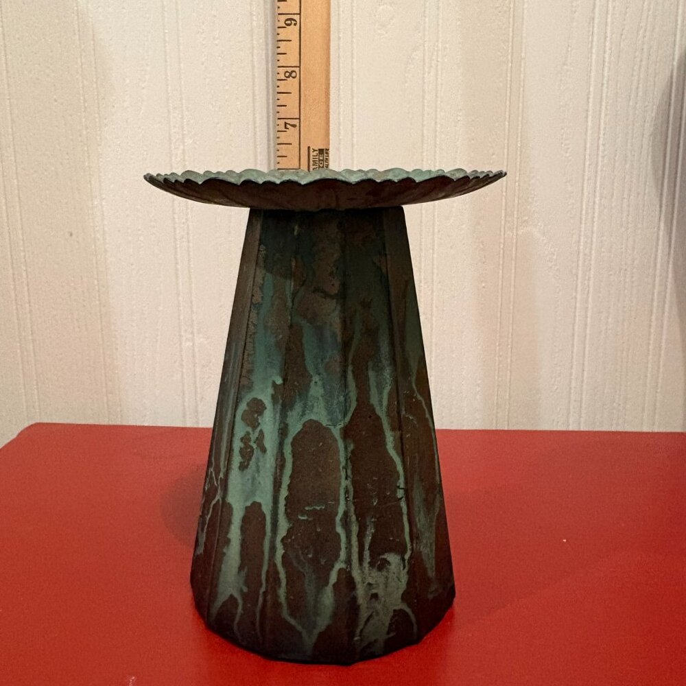 Metal candleholder/vase, Bronze colored with green patina, 6 inches tall